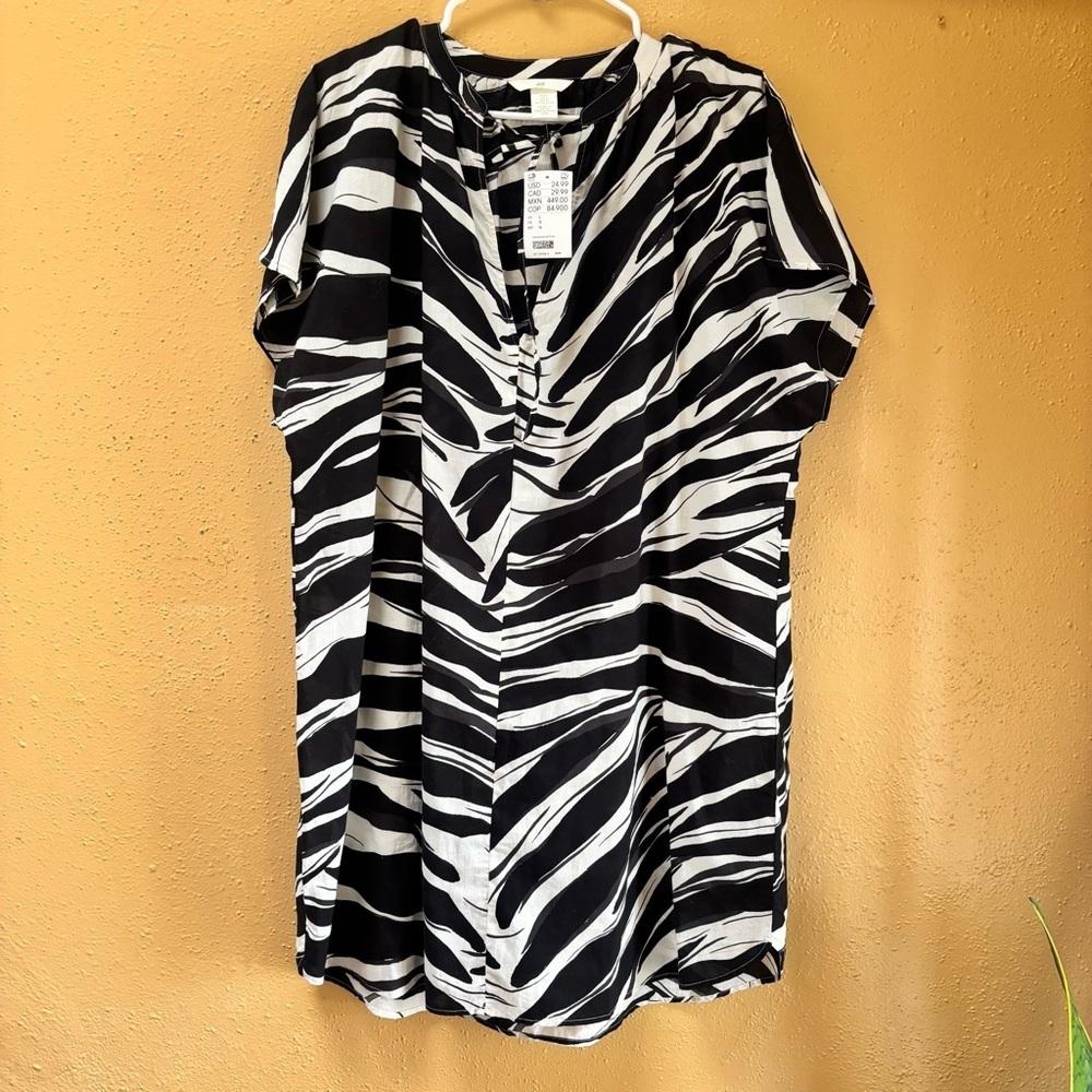HM Women Black White Zebra Print Cotton Tunic Dress Split Neck Tie L 11265507